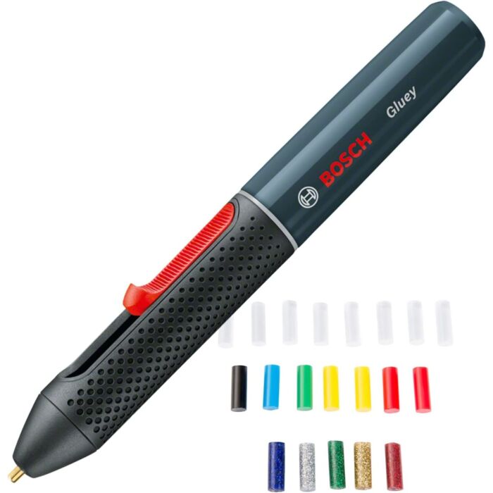 Bosch Home and Garden Cordless Hot Glue Pen Gluey (Smoky Grey, 2 batteries, with 20 hot glue sticks, USB charger and cable, in carton packaging)